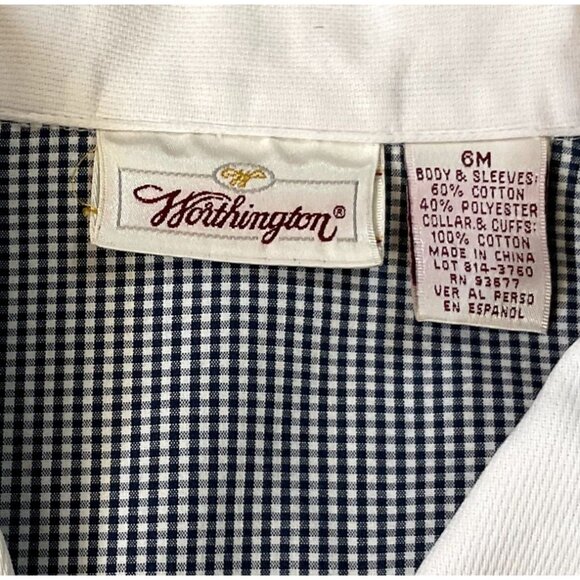 BLUE CHECKERED FLIP CUFF BLOUSE 6M SHOULDER PADS SECRETARY WORTHINGTON WOMENS - Picture 4 of 4